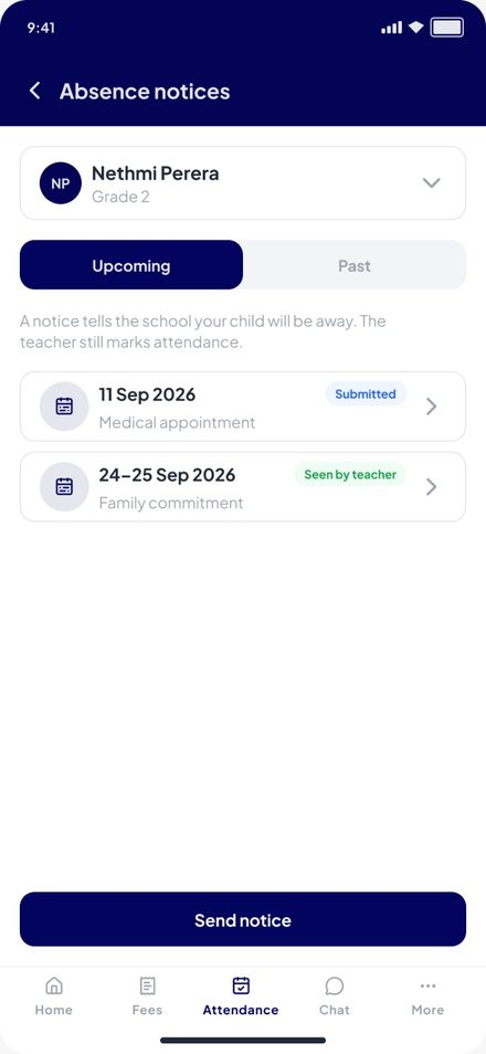 Absence notices: upcoming notices with their status
