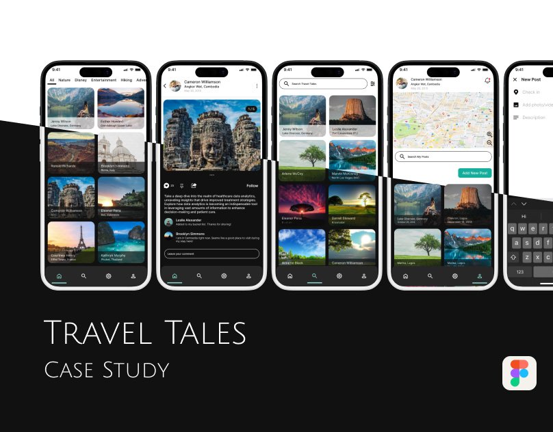Travel Tales case study cover with five app screens