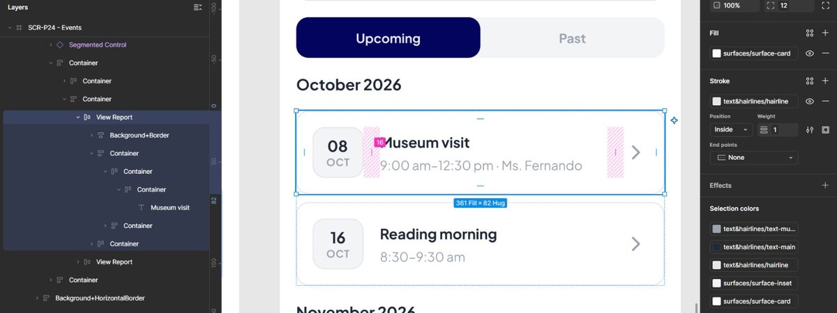 Events screen in Figma showing auto layout and surface and hairline tokens