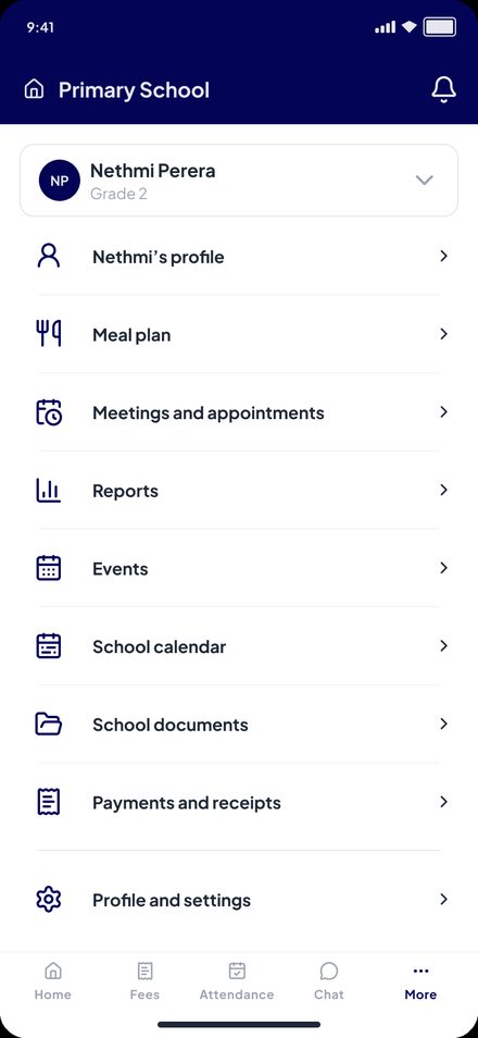 More menu: profile, meal plan, meetings, events and documents