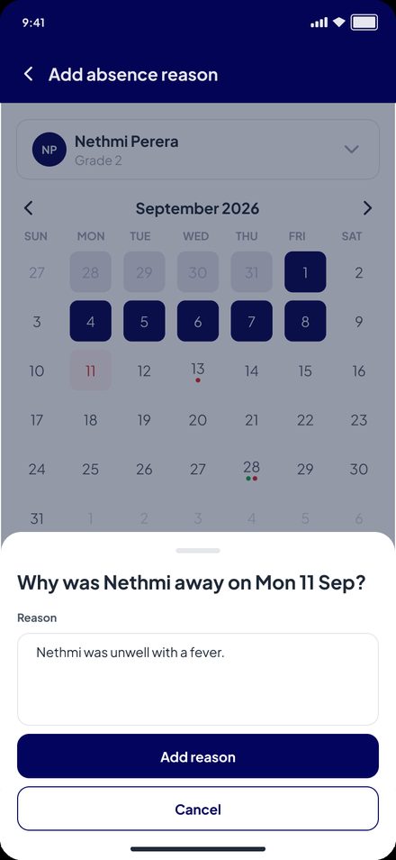 Add absence reason: calendar with a bottom sheet asking why the child was away